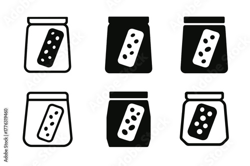 Granola Bar Logos. Baking a batch of granola bars for on-the-go snacks. Set Logo of baking a batch of granola bars for on-the-go snacks: packed snack pouch.