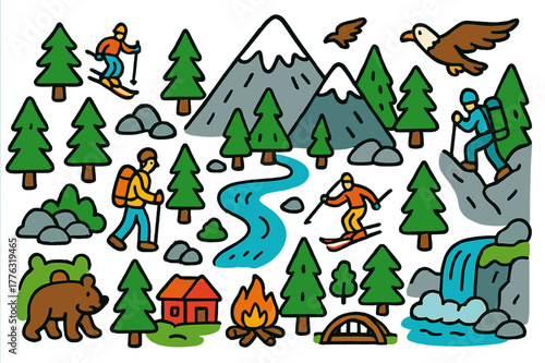Playful Mountain Adventure. Mountain. Colorful Hand-drawn doodle Children illustration Mountain peaks, trees, rocks, snow, skiers, hikers, climbers, bears,
