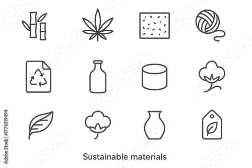 Sustainable Material Icons. Sustainable materials. Line icon set of sustainable materials: bamboo, hemp, cork, jute, recycled paper, glass, metal, wool,