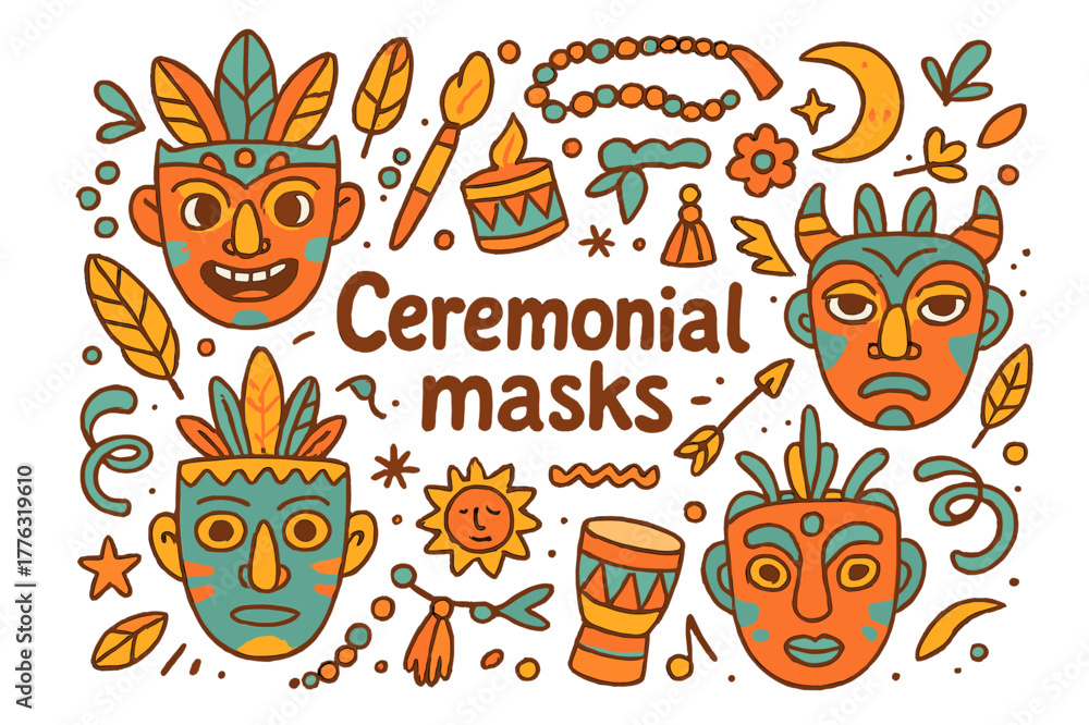 Naklejka premium Ceremonial Mask Patterns. Ceremonial masks. Hand-drawn doodle illustration of ceremonial masks. Mask, feathers