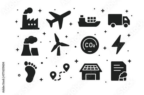 Carbon and Energy Icons. Carbon footprint and energy. Solid icons set of carbon footprint and energy: smokestack factory, cargo airplane, container ship,