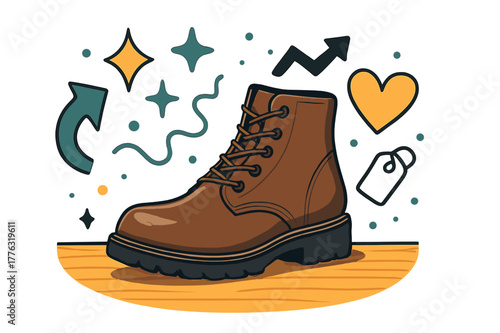 Stylish Boot Vectors. Boot. Single leather boot on wooden floor with abstract floating sparkles, arrows, and icons; conveys fashion, durability, and style.