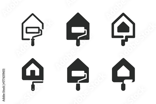 Creative Paint Roller Logos. DIY home decor projects and tutorials. Set Logo of paint roller: roller with paint stroke forming a house shape. Icon set.