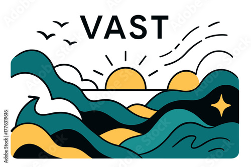 Abstract Landscape Harmony. Abstract Landscapes. Rolling shapes collide and drift like clouds over a horizon line; the word ?VAST? floats in thin sans above