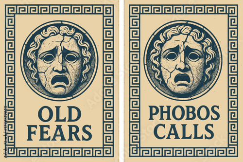 Ancient Fear Banners. Ancient Panic. Two vertical A6 banners with safe margins, centered composition, no elements touching edges, retro, indigo and parchment,
