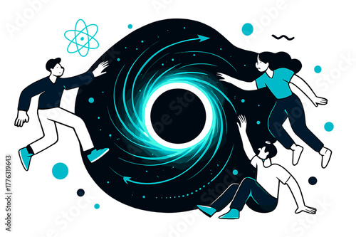 Dynamic Singularity Art. Black holes and singularities. A stylized glowing black hole with abstract swirling