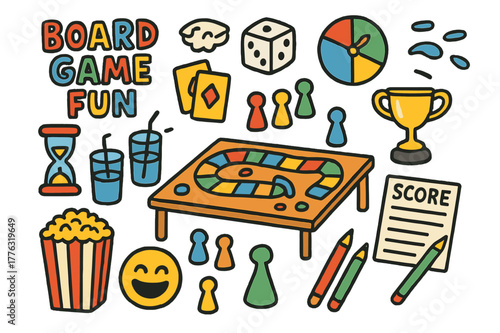 Board Game Delight. Board game fun. Colorful Hand-drawn doodle Children illustration Board game fun dice, spinner, cards, pawns, game board, timer, popcorn,