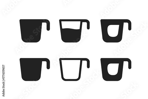Serving Size Logos. Nutrition facts label. Set Logo of serving size measuring cup: Filled silhouette, Stylized detail, Minimal outline, Flat solid, Negative