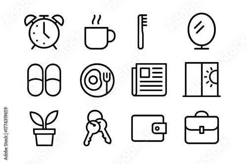 Morning Routine Icons. Morning Routine. Line icon set of Morning Routine: alarm clock, steaming mug, toothbrush, mirror, slippers, breakfast plate, newspaper,