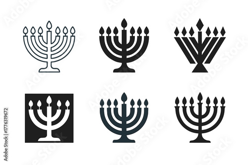 Hanukkah Menorah Logos. Hanukkah celebrations with menorahs and candles. Set Logo of hanukkiah: nine-branched menorah with raised shamash. Icon set. harmonious