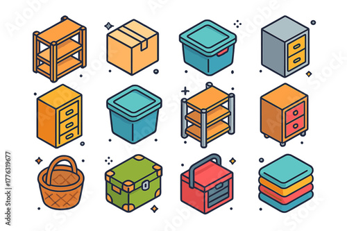 Colorful Storage Icons. Storage. Colorful isometric vector icons set of Storage: wooden shelf, cardboard box, plastic container, filing cabinet, storage bin,