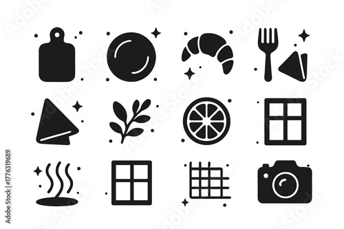Minimalist Food Icons. Window Light on Food. Solid icons set of Window Light on Food: cutting board, plate, pastry, fork, linen napkin, herb sprig, citrus