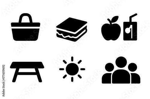 Picnic Icons Set. Picnic outings. Filled icon set of picnic outings: picnic basket, blanket, sandwiches, fruit