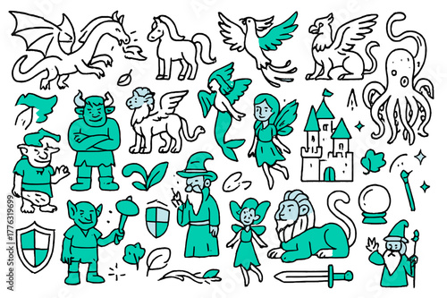 Fantasy Creatures Galore. Fantasy creatures. Hand-drawn doodle illustration fantasy creatures dragons, unicorns, mermaids, phoenix, griffin, colored minotaur,