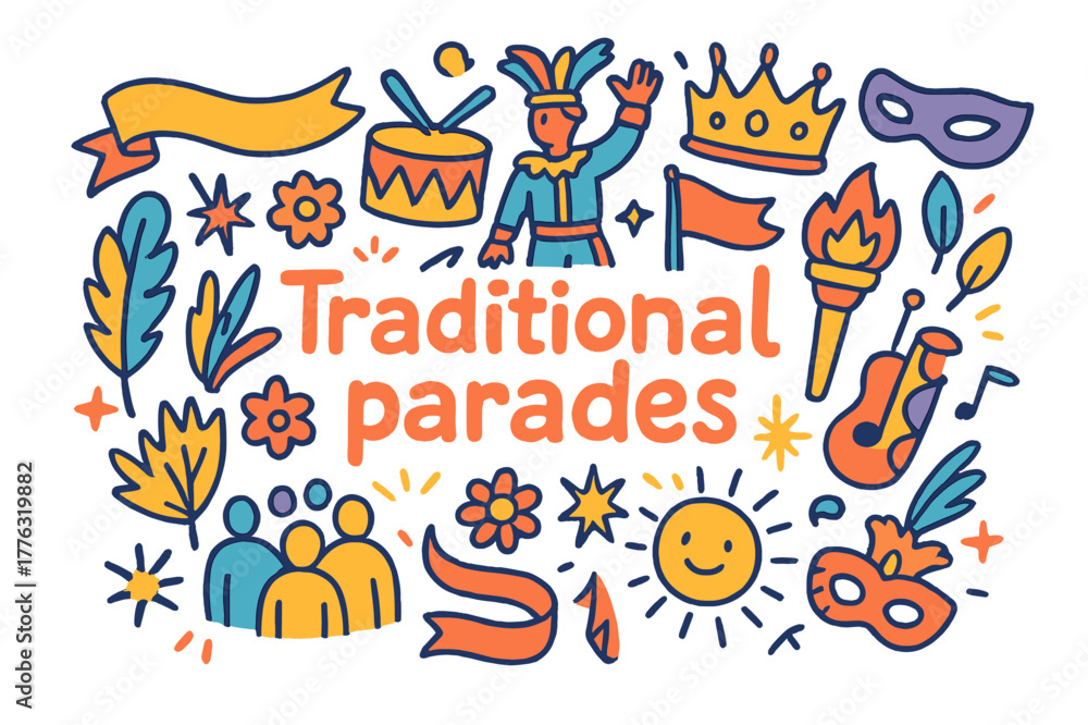 Obraz premium Colorful Parade Doodles. Traditional parades. Hand-drawn doodle illustration of traditional parades. Banner,