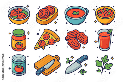 Tomato Kitchen Icons. Tomato-based kitchen creations. Colorful isometric vector icons set of Tomato-based kitchen creations: fresh tomato salad, bruschetta,