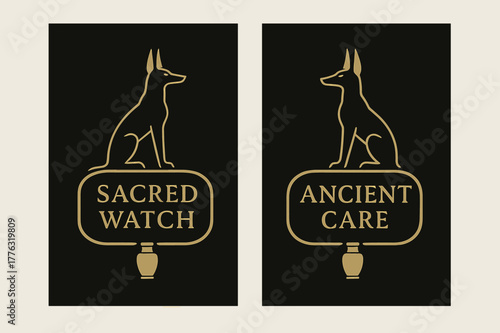 Jackal Guardian Banners. Jackal Guardian. Two vertical A6 banners with safe margins, centered composition, no elements touching edges, minimal, black and gold,