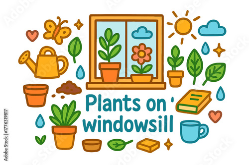 Windowsill Plant Doodles. Plants on windowsill. Hand-drawn doodle illustration of plants on windowsill. Potted