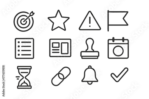 Deadlines and Priorities Icons. Deadlines and priorities. Line icon set of deadlines and priorities: bullseye target, priority star, warning