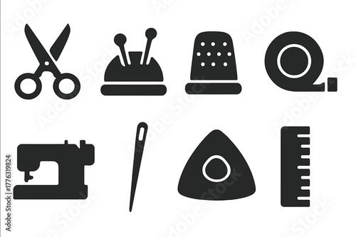 Sewing Tools Icons. Sewing tools. Filled icon set of sewing tools: scissors, pins, thimble, tape measure,