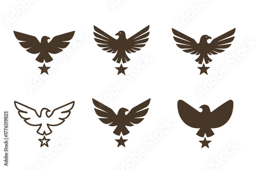 Eagle Star Logos. Altair in Aquila. Set Logo of Altair in Aquila: soaring eagle over star. harmonious logo variations of the same emblematic concept, each with