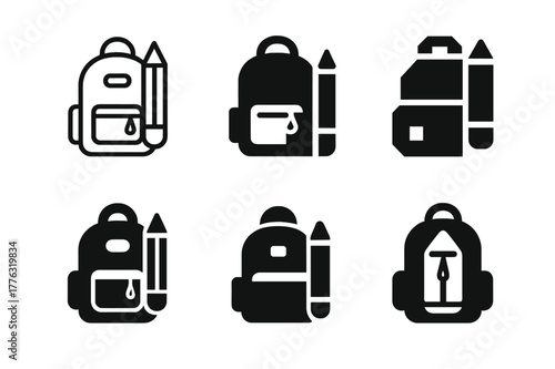 School Logo Variations. Getting the kids ready for school. Set Logo of Getting the kids ready for school: backpack with zipper pull and pencil. Icon set.