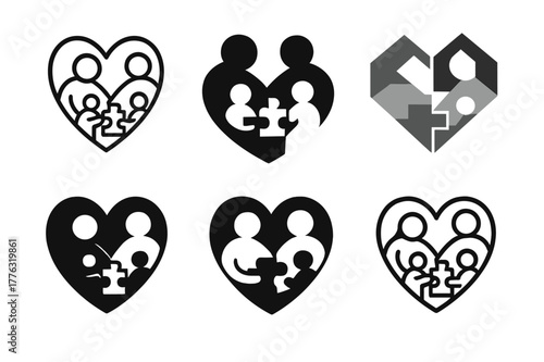 Puzzle Heart Logos. A family putting together a puzzle on a cozy afternoon. Set Logo of a family putting together a puzzle on a cozy afternoon: interlocking