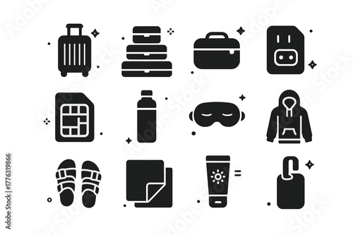 Nomad Travel Icons. Travel Essentials for Nomads. Solid icons set of Travel Essentials for Nomads: carry on suitcase, packing cubes, toiletry bag, travel