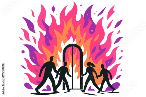 Silhouetted Fiery Gates. Figures Walking Towards Fiery Gates. Figures silhouetted against a massive gate of fire with floating abstract geometric flames and