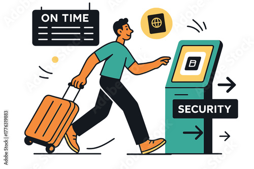 Dynamic Airport Check-In. Airport check-in. He glides a suitcase past a glowing kiosk as the ?On Time? board flips; a passport icon winks. Arrows guide him
