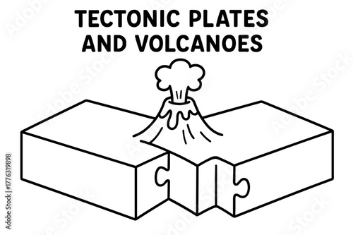 Tectonic Playtime Illustration. Tectonic plates and volcanoes children?s coloring book illustration, outlined drawing, two simple puzzle-piece plates meeting