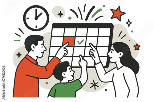 Family Event Planning. Event coordination. Family members pointing at dates on a colorful calendar, floating