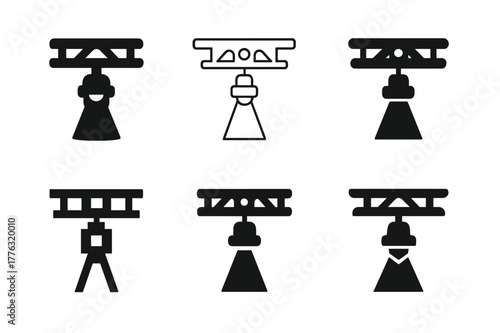 Creative Music Logo Designs. Music video shoots and production. Set Logo of Music video shoots and production: stage lighting rig and beam. Icon set.