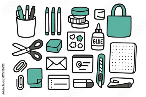 Stationery Doodle Illustration. // Stationery haul. Hand-drawn doodle illustration Stationery haul [pen cup (accented), brush pens (accented), washi stack