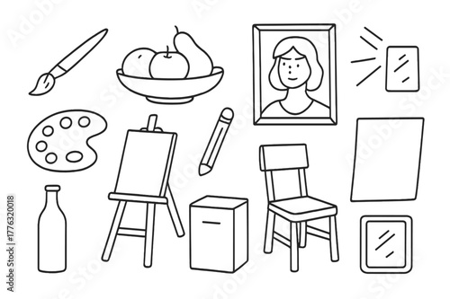 Art Supplies Doodle. Realism painting. Hand-drawn doodle illustration realism painting brush, fruit bowl, portrait, light rays, frame, palette, easel, pencil,