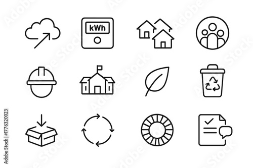 Sustainability Icon Set. Sustainability and impact reporting. Line icon set of sustainability and impact reporting: emissions avoided cloud, kWh counter,
