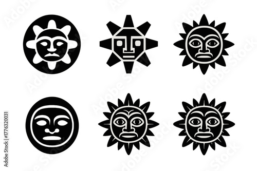 Ceremonial Masks Emblem Set. ceremonial masks. Set Logo of ceremonial masks: Pacific Northwest sun mask. Icon set. harmonious logo variations of the same