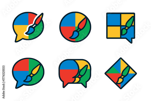 Multilingual Art Bubbles. Cultural diversity in art. Set Logo of multilingual chat bubbles with brush: Stylized detail, Iconic shape, Abstract geometric,