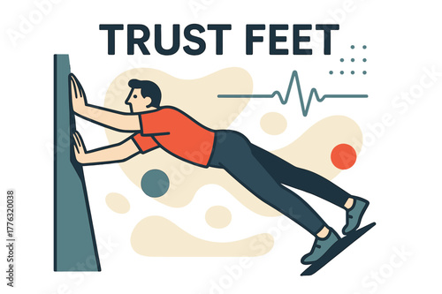 Slab Balance Artistry. Slab Balance Challenge. Palms press, toes smear, the body becomes a line; ?TRUST FEET? hovers as tiny grip dots drift. A calm heartbeat