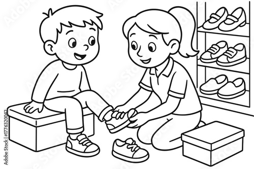 Shoe Fitting Fun. Shoe fitting children?s coloring book illustration, outlined drawing, child trying on shoes