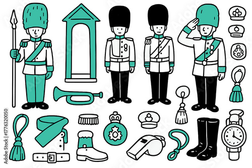 Royal Guard Doodle. Royal guards. Hand-drawn doodle illustration royal guards [bearskin hat (accented), ceremonial uniform (accented), halberd, guard box