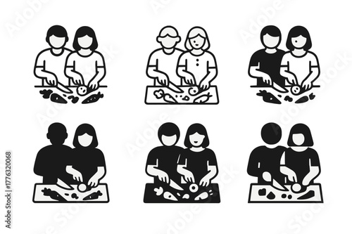 Couples Cooking Icons. Couples cooking together in the kitchen. Set Logo of couples cooking together in the kitchen: pair chopping vegetables on a shared