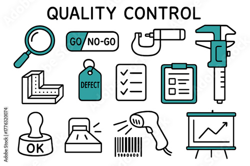 Quality Control Doodle. // Quality control. Hand-drawn doodle illustration Quality control [magnifier (accented), go/no-go gauge (accented), micrometer,