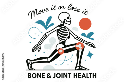 Dynamic Skeleton Movement. Bone & Joint Health. A stylized skeleton frame moves gracefully through a lunge; floating icons highlight knees and hips. Text ?Move
