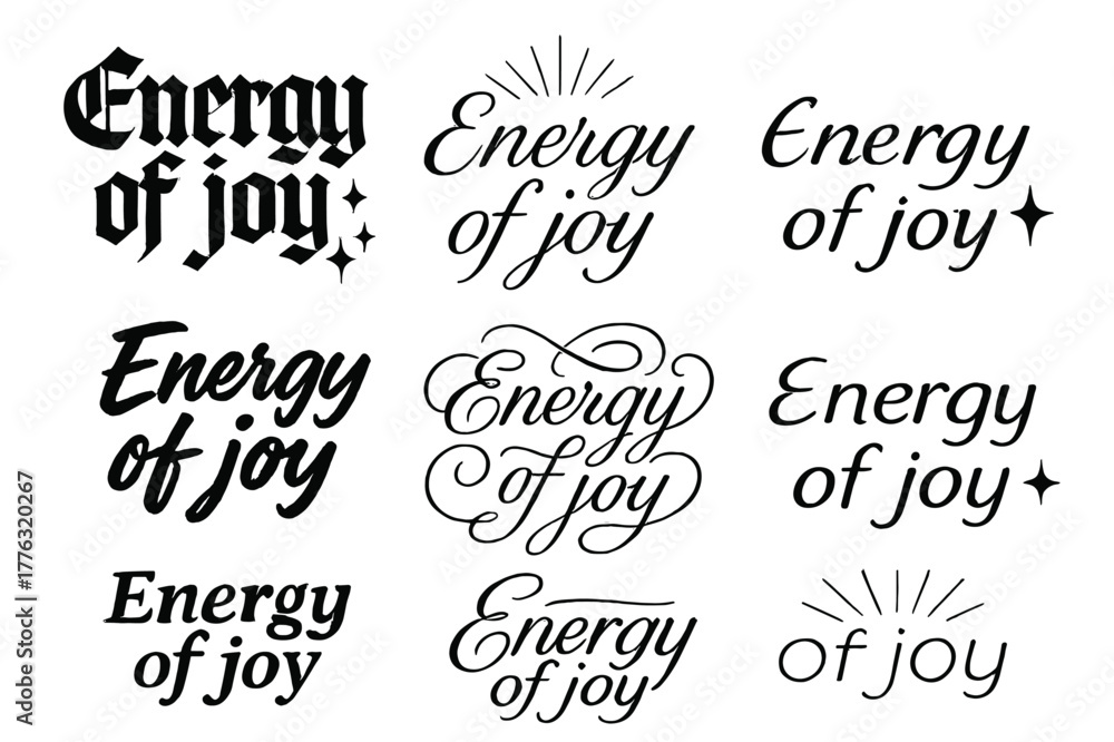 Fototapeta premium Vibrant Calligraphy Grid. Energy of joy. Create a calligraphy lettering illustration of the phrase: Energy of