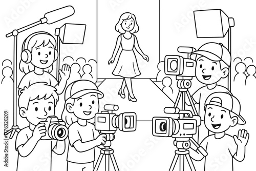 Camera Crew Coloring. Camera crew children?s coloring book illustration, outlined drawing, friendly