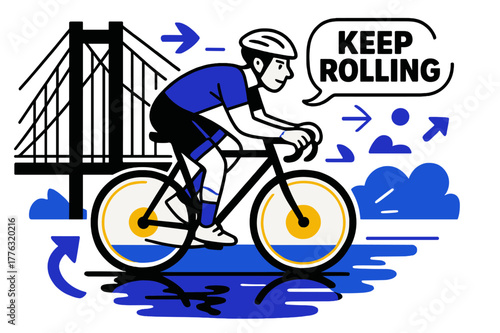 Cyclist in Motion. Cyclist on a bridge. Wheels carve twin halos as the sun sits low behind cables; ?Keep rolling? floats on the breeze. Water below mirrors the