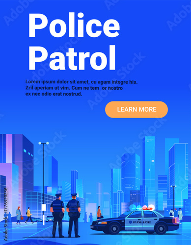 Police patrol city security officers police car urban skyscrapers modern downtown street people walking website banner
