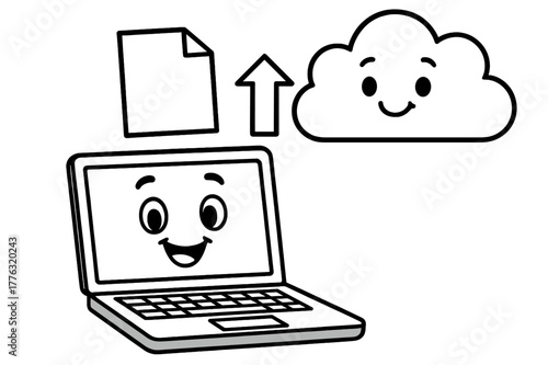Cloud Upload Coloring. Uploading to the cloud children?s coloring book illustration, outlined drawing, a cheerful laptop sending a file with an arrow toward a