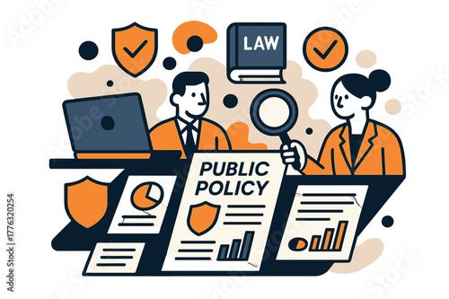 Policy Oversight Illustration. Public policy monitoring. A desk with documents, charts, and floating